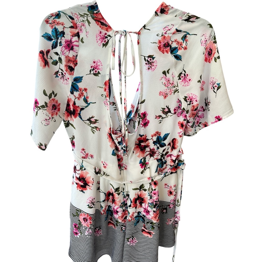 Blue Rain Floral Striped ROMPER WITH BELT - Picture 2 of 5
